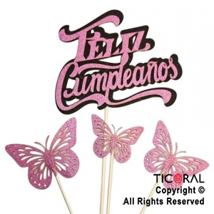 CAKE TOPPER MARIPOSA FELIZ CUMPLEAOS ROSA Y NEGRO GIBRE CON PINCHE X 1